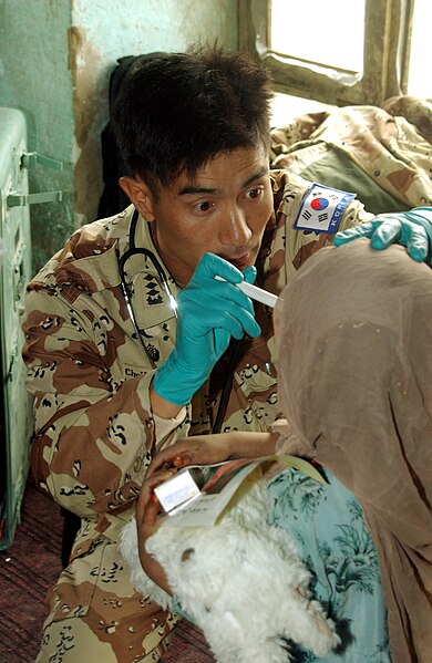 File:021103-A-4339E-029 A Republic of Korea Army medic examines an Afghan child in the village of Sayed, Afghanistan, on Nov. 3, 2002.jpg