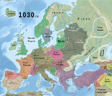 Carte montrant les différents royaumes d'Europe en 1030. L'Angleterre, le Danemark et la Norvège sont de la même couleur