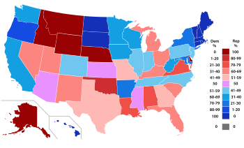 Initial percentage of members of the House of Representatives from each party by state at the opening of the 110th Congress in January 2007. 110th US Congress House of Reps.svg