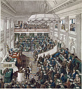 Pieter Paulus (midden links) in 1796 als president van de Eerste Nationale Vergadering in Den Haag. Prent gemaakt door George Kockers (1797)