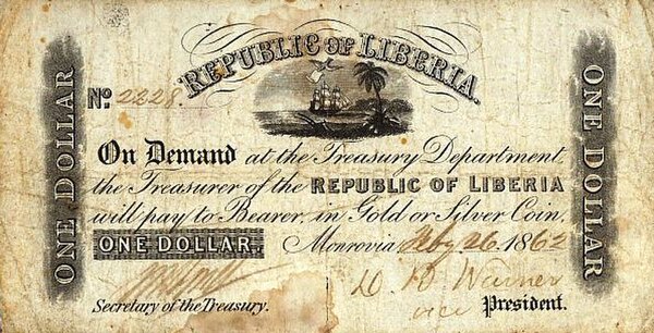 A one Liberian Dollar banknote from 1862