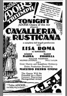 Advertisement for a live radio broadcast featuring soprano Lisa Roma, published in the Los Angeles Times on May 6, 1930 1930.05.06 Advertisement for Radio Broadcast With Lisa Roma.gif