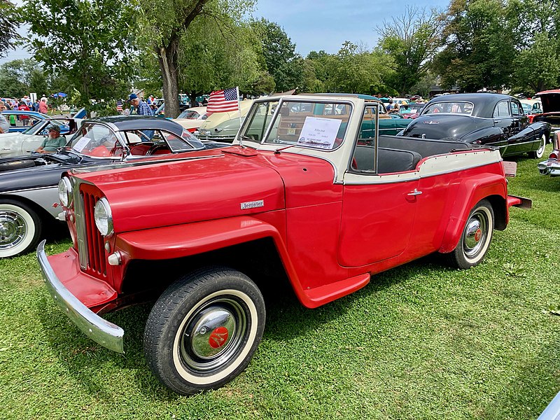 File:1949 Willys Jeep (VJ3) Jeepster in red and white at 2021 Macungie show PA 1of4.jpg