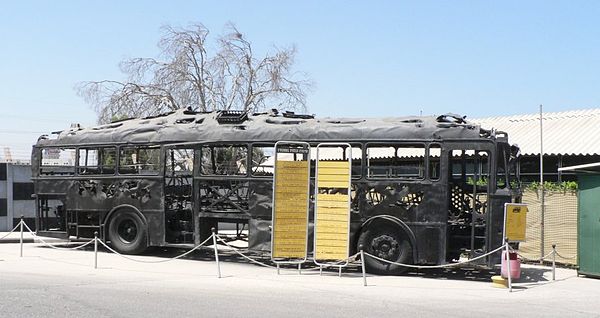The remains of the hijacked bus on display