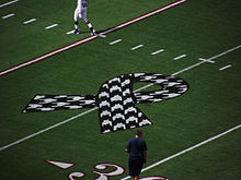 Campo de futebol americano com uma fita de consciência houndstooth pintada nele.