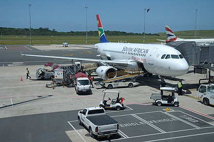 Ground operations with a South African Airways Airbus A320-200 at Durban's King Shaka International Airport