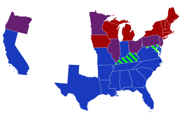 Senators' party membership by state at the opening of the 36th Congress in March 1859. The green stripes represent Know-Nothings.
.mw-parser-output .legend{page-break-inside:avoid;break-inside:avoid-column}.mw-parser-output .legend-color{display:inline-block;min-width:1.25em;height:1.25em;line-height:1.25;margin:1px 0;text-align:center;border:1px solid black;background-color:transparent;color:black}.mw-parser-output .legend-text{}
2 Democrats
1 Democrat and 1 Republican
2 Republicans 36th United States Congress Senators.svg