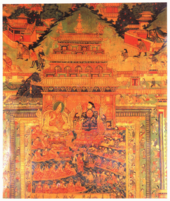 Potala Palace painting of the 5th Dalai Lama meeting the Shunzhi Emperor in Beijing, 1653. 5th Dalai Lama having an audience with Shunzhi.png