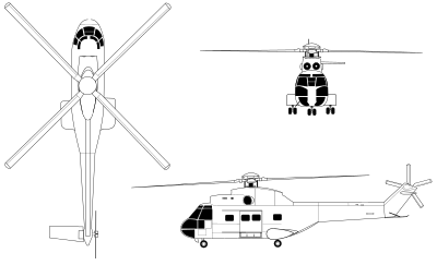 Orthographically projected diagram of the SA330 Puma Line Drawing