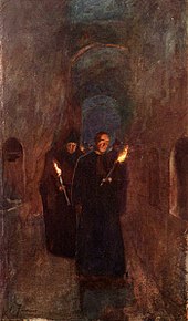 A procession in the Catacomb of Callixtus, a site of several ancient papal tombs. By Alberto Pisa, 1905 A-Procession-in-the-Catacomb-of-Callistus.jpg
