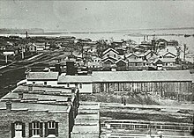 Omaha was flooded in April 1881. Aerial view of the flood of 1881 (Wallace) (cropped).jpg