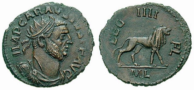 Antoninianus minted under Carausius. On the reverse, the lion, symbol of the legion, and the legend LEG IIII FL.