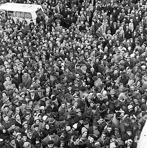 Crowd gather outside of the Hall of Esteemed Vezprémics