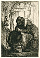 Old Woman Seated in a Cottage with a String of Onions on the Wall label QS:Len,"Old Woman Seated in a Cottage with a String of Onions on the Wall" label QS:Lnl,"Oude vrouw, zittend in een hut, met een streng uien aan de wand" . 1631. etching print. 12.2 × 8.2 cm (4.8 × 3.2 in). Various collections.