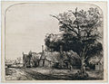 Landscape with Three Gabled Cottages beside a Road label QS:Len,"Landscape with Three Gabled Cottages beside a Road" label QS:Lnl,"Landschap met drie boerderijen langs een weg" . 1650. etching print and drypoint print. 16.2 × 20.3 cm (6.3 × 7.9 in). Various collections.