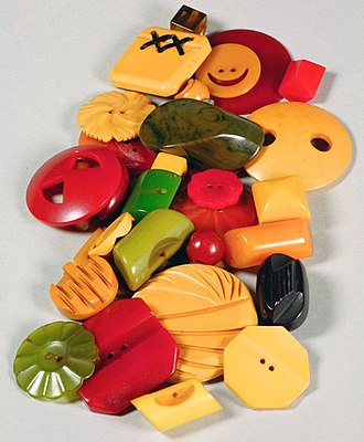 Colorful buttons made from Catalin were popular in the 1930s. Bakelite Buttons 2007.068 (66948).jpg