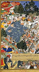 Mughals slay the Sannyasis at Thanesar, Akbarnama Battle between Sannyasis at Thanesar, left side.jpg