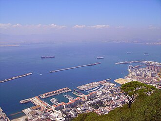 Gibraltar Harbour with South Mole (left), Detached Mole (center), and North Mole with Western Arm (right) Bay of Gibraltar from The Rock 4.JPG