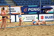 Deutsch: Beachhandball Europameisterschaften 2019 (Beach handball Euro); Tag 5: 6. Juli 2019 – Frauen, Platzierungsspiel für die Ränge 17–20, Nordmazedonien-Slowenien 0:2 (10:13, 9:15) English: Beach handball Euro; Day 5: 6 July 2019 – Placement Match/Cross Match for rank 17–20 Women – North Macedonia-Slovenia 0:2 (10:13, 9:15)