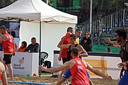 Deutsch: Beachhandball Europameisterschaften 2019 (Beach handball Euro); Tag 1: 2. Juli 2019 – Männer, Vorrunde Gruppe D, Frankreich-Montenegro 2:0 (19:7, 18:9) English: Beach handball Euro; Day 1: 2 July 2019 – Men Preliminary Round Group D – France-Montenegro 2:0 (19:7, 18:9)