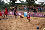 Deutsch: Beachhandball bei den Olympischen Jugendspielen 2018; Tag 6, 11. Oktober 2018; Jungen, Platzierungssspiel Ränge 11-12 – Paraguay-Mauritius 2:0 English: Beach handball at the 2018 Summer Youth Olympics at 11 October 2018 – Boys Placement Match 11-12 – Paraguay-Mauritius 2:0