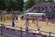 Deutsch: Beachhandball bei den Olympischen Jugendspielen 2018; Tag 4, 10. Oktober 2018; Jungs, Vorrunde, Gruppe A - Spanien-Venezuela 2:0 English: Beach handball at the 2018 Summer Youth Olympics at 10 October 2018 – Boys Preliminary Round Group A – Spain-Venezuela 2:0