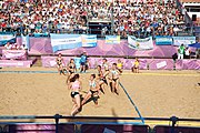 Deutsch: Beachhandball bei den Olympischen Jugendspielen 2018; Tag 3, 9. Oktober 2018; Jungs, Vorrunde, Gruppe B - Argentinien-Hongkong 2:0 English: Beach handball at the 2018 Summer Youth Olympics at 9 October 2018 – Girls Preliminary Round Group B – Argentina-Hing Kong 2:0