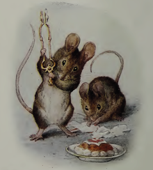 In the frontispiece, Hunca Munca watches as Tom Thumb smashes the plaster food. Beatrix Potter, Two Bad Mice, Frontispiece.png