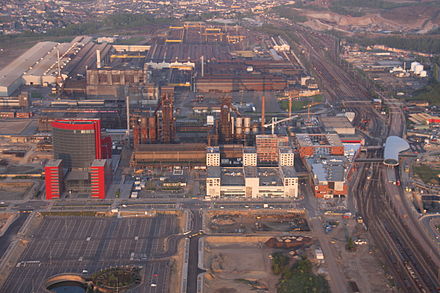 Aerial view of the Rockhal in Esch surrounded by industrial heritage.