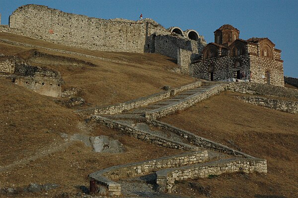 The entrance of the citadel of Berat, with the 13th-century Byzantine church of the Holy Trinity.