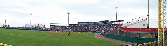 Space Coast Stadium during a baseball game on March 1, 2009, seen from left field near the visitors′ bullpen.