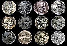 Buffalo nickels, coins customised with engraving tools Buffalo nickles.jpg