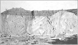 Muddy Creek Formation unconformably overlying the Horse Spring Formation in Nevada Bulletin 798 Plate10A Unconformable Contact between Pliocene Beds and Horse Spring Formation.jpg