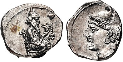 Coin of Cilicia 343-332 BC, thought to represent Artaxerxes III on the obverse, and a young Artaxerxes IV on the reverse, both wearing the Pharaonic crown.[14][7]