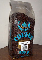 Coffee beans in plastic bag purchased at local grocery store