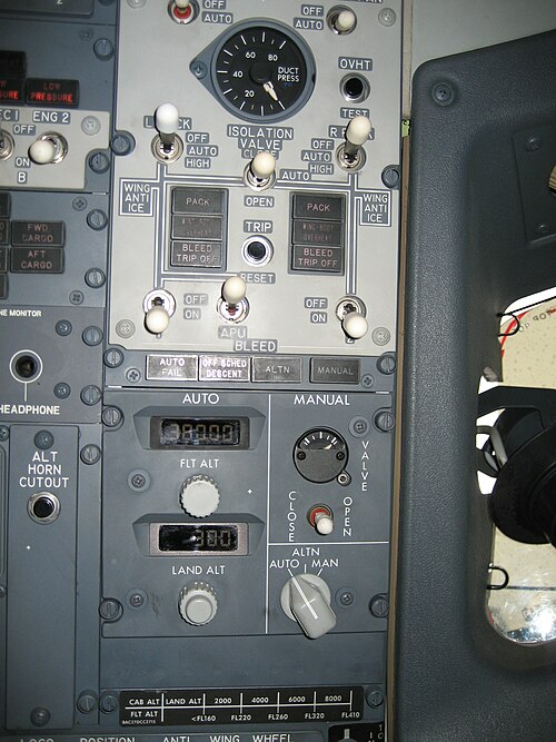 The pressurization controls on a Boeing 737-800