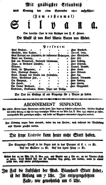 File:Carl Maria von Weber - Silvana - play bill of the first performance 1810.png