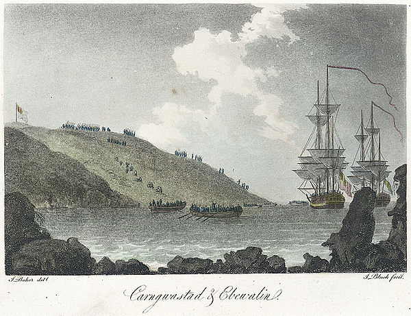 French forces landing at Carreg Gwastad on 22 February 1797. From a lithograph first published in May 1797 and later coloured