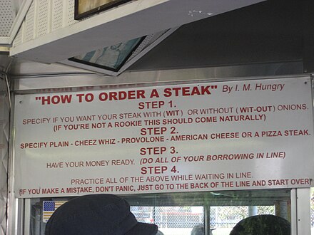 A sign on how to order a cheesesteak at Pat's King of Steaks at 1237 E. Passyunk Ave.