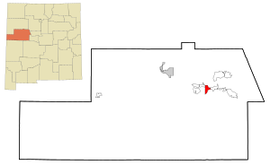 Zemljovid uključenih i neuključenih područja okruga Cibole u Novom Meksiku. Seama je označena osjenčeno.