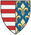 Az Anjou-házi királyok kettéosztott címere: jobb oldalán az Anjou-liliomok, bal oldalán az Árpád-sávok