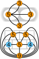 Graphe des 7 ponts de Königsberg, et un autre graphe, dit des 5 chambres. Ces graphes n'admettent pas de parcours eulériens. Les nombres indiqués sont les degrés.