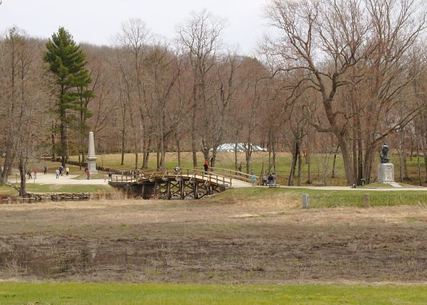 From left to right: the 1836 Battle Monument, the 1956 Old North Bridge (restored in 2005), and "The Minute Man" statue by Daniel Chester French