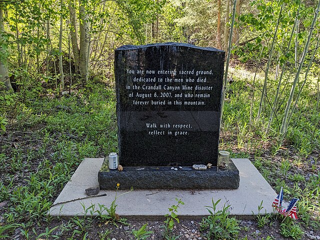 A memorial to the men killed in the Crandall Canyon Mine collapse.