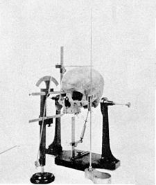 Skull and craniometric measurement apparatus, from 1902.