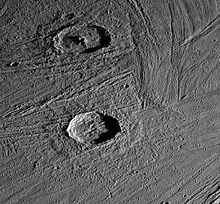 The craters Gula and Achelous (bottom), in the grooved terrain of Ganymede, with ejecta "pedestals" and ramparts. Craters on Ganymede.jpg