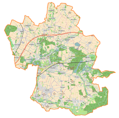 Mapa konturowa gminy Długołęka, u góry nieco na lewo znajduje się punkt z opisem „Łozina”