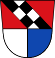 Gemeinde Ursensollen Geteilt;oben in Rot ein gespaltener, dreimal von Schwarz und Silber in verwechselten Farben geteilter Schrägbalken, unten gespalten von Silber und Blau.