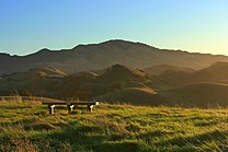 A view at dawn of a mountain peak and rolling hills covered in grass and trees