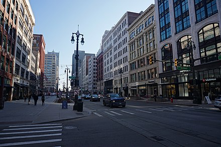 Merchants Row on Woodward Avenue between Grand Circus Park and Campus Martius Park in downtown Detroit